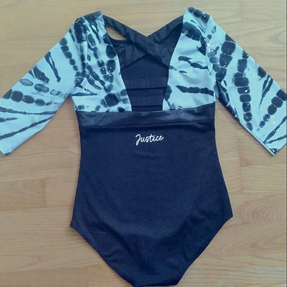 Justice Leotard Tie Dyed Black Blue Gymnastics Dance Swimsuit Girls 10